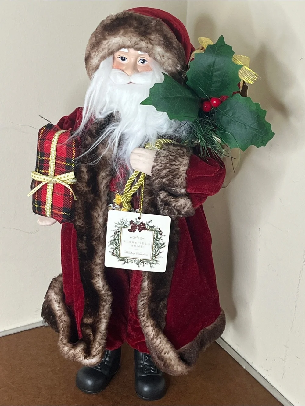 Classic Red Velvet Santa Figurine with Faux Fur Trim